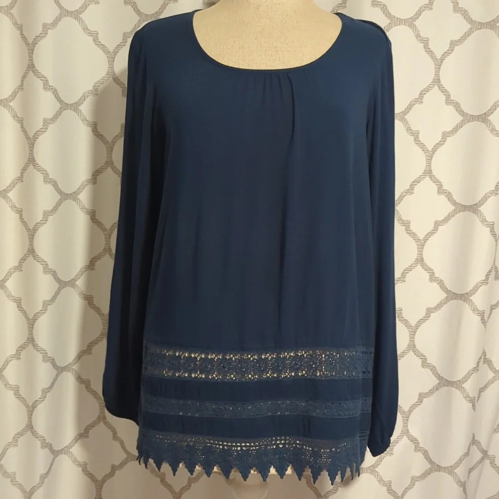 Ariat Tunic Blouse Crochet Lace Trim Long Sleeve Dark Teal Medium